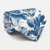 Chinoiserie Blauwe en Witte Pioenen Bloemen Stropdas (Opgerold)