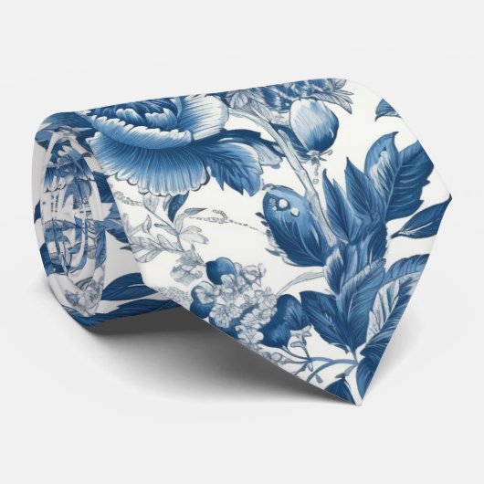 Chinoiserie Blauwe en Witte Pioenen Bloemen Stropdas (Opgerold)