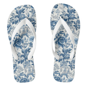 Chinoiserie Blauwe en Witte Pioenen Bloemen Teenslippers