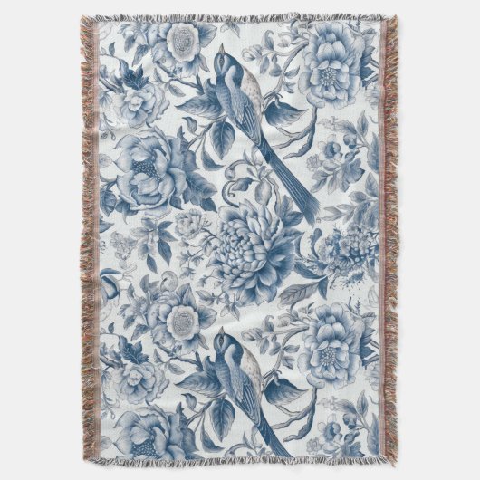 Chinoiserie Blauwe en Witte Pioenen Bloemen Vogels Deken (Voorkant Verticaal)