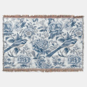 Chinoiserie Blauwe en Witte Pioenen Bloemen Vogels Deken (Voorkant)