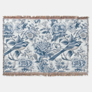 Chinoiserie Blauwe en Witte Pioenen Bloemen Vogels Deken