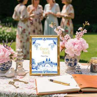 Chinoiserie Blauwe gast boek Bruidsfeest bord Kaart
