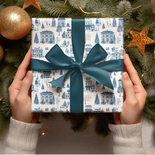 Chinoiserie Blauwe Kerst Dorp Inpakpapier