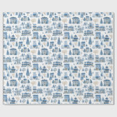 Chinoiserie Blauwe Kerst Dorp Inpakpapier (Vlak)