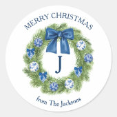 Chinoiserie Blauwe Kerstkrans Ronde Sticker (Voorkant)