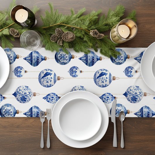Chinoiserie Blauwe Kerstversieringen Korte Tafelloper