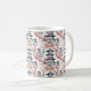 Chinoiserie Blauwe Pagode Roze Bloesem Bloemmotief Koffiemok