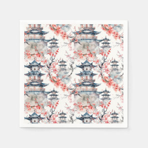 Chinoiserie Blauwe Pagode Roze Bloesem Bloemmotief Servet