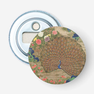 Chinoiserie Blauwe Pauw met Exotische Bloementuin Button Flesopener
