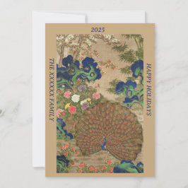 Chinoiserie Blauwe Pauw met Exotische Bloementuin Feestdagenkaart