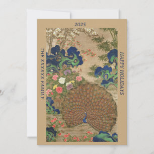 Chinoiserie Blauwe Pauw met Exotische Bloementuin Feestdagenkaart