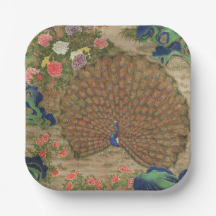 Chinoiserie Blauwe Pauw met Exotische Bloementuin Papieren Bordje