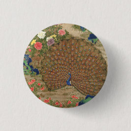 Chinoiserie Blauwe Pauw met Exotische Bloementuin Ronde Button 3,2 Cm