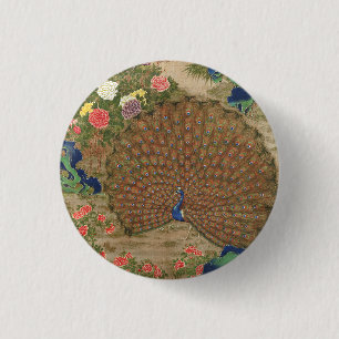 Chinoiserie Blauwe Pauw met Exotische Bloementuin Ronde Button 3,2 Cm
