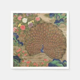 Chinoiserie Blauwe Pauw met Exotische Bloementuin Servet