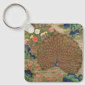 Chinoiserie Blauwe Pauw met Exotische Bloementuin Sleutelhanger (Voorkant)