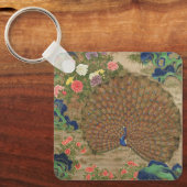 Chinoiserie Blauwe Pauw met Exotische Bloementuin Sleutelhanger (Voorkant)