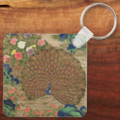 Chinoiserie Blauwe Pauw met Exotische Bloementuin Sleutelhanger (Achterkant)