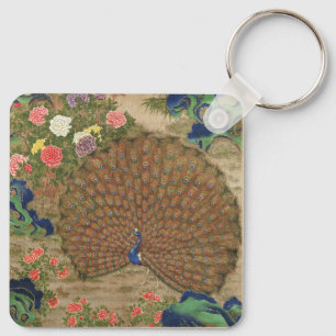 Chinoiserie Blauwe Pauw met Exotische Bloementuin Sleutelhanger