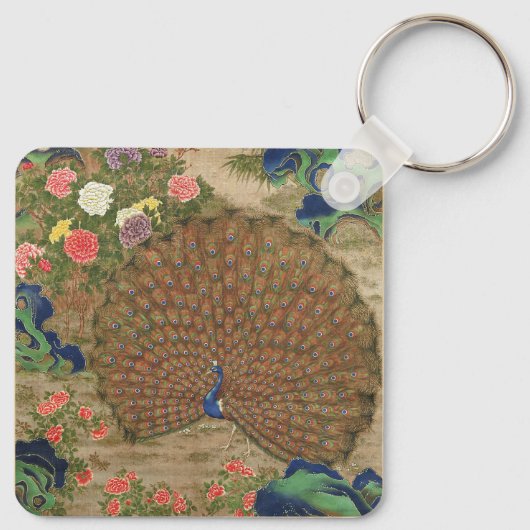 Chinoiserie Blauwe Pauw met Exotische Bloementuin Sleutelhanger (Achterkant)