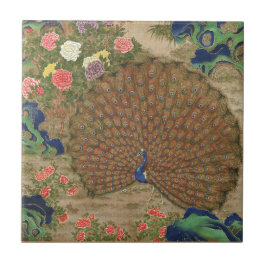 Chinoiserie Blauwe Pauw met Exotische Bloementuin Tegeltje