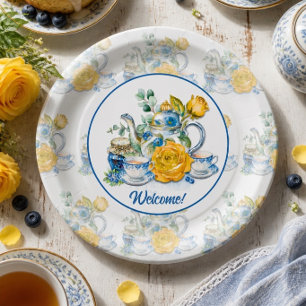 Chinoiserie Blauwe Theepot met Rozen Thee Partij Papieren Bordje
