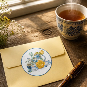 Chinoiserie Blauwe Theepot Rozen Thee Feestje Ronde Sticker