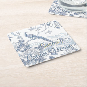 Chinoiserie Blauwe Toile Pauw Hcustom Mahjong Kartonnen Onderzetters
