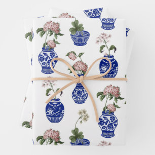 Chinoiserie blauwe vazen en bloemen  inpakpapier vel