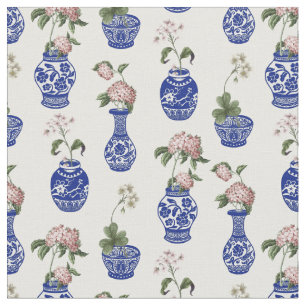 Chinoiserie blauwe vazen en bloemen  stof