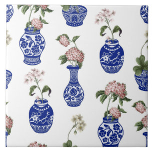 Chinoiserie blauwe vazen en bloemen tegeltje