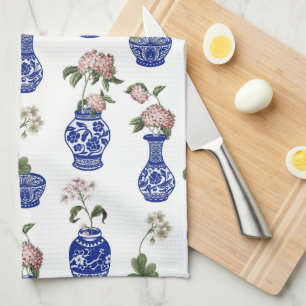 Chinoiserie blauwe vazen en bloemen theedoek
