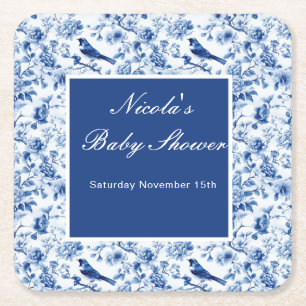 Chinoiserie Blauwe Vogels en Bloemen Baby Shower Kartonnen Onderzetters
