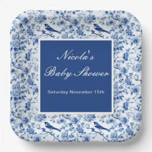 Chinoiserie Blauwe Vogels en Bloemen Baby Shower Papieren Bordje