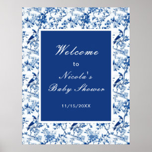 Chinoiserie Blauwe Vogels en Bloemen Baby Shower Poster