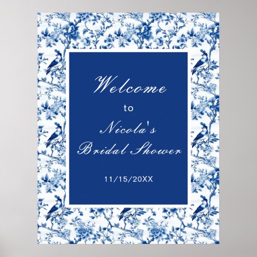 Chinoiserie Blauwe Vogels en Bloemen Bruidsdouche Poster (Voorkant)