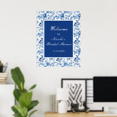 Chinoiserie Blauwe Vogels en Bloemen Bruidsdouche Poster (Thuiskantoor)