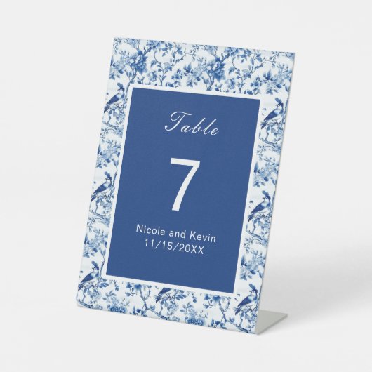 Chinoiserie Blauwe Vogels en Bloemen Bruiloft Reclamebord Met Voetstuk (Voorkant)