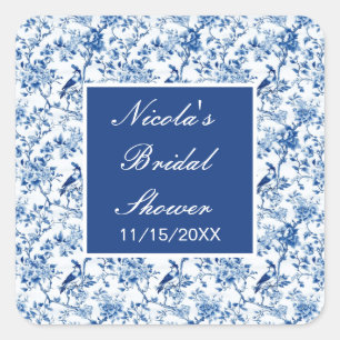 Chinoiserie Blauwe Vogels en Bloemen Bruiloftsborr Vierkante Sticker
