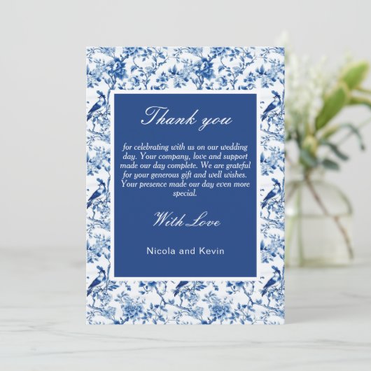 Chinoiserie Blauwe Vogels en Bloemen Huwelijk Bedankkaart (Staand voorkant)