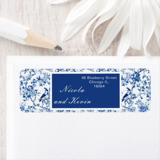 Chinoiserie Blauwe Vogels en Bloemen Huwelijk Etiket (Insitu)