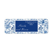 Chinoiserie Blauwe Vogels en Bloemen Huwelijk Etiket (Voorkant)