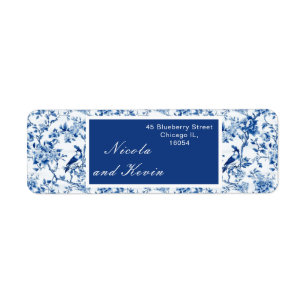 Chinoiserie Blauwe Vogels en Bloemen Huwelijk Etiket