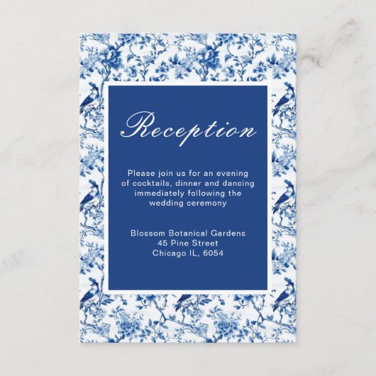 Chinoiserie Blauwe Vogels en Bloemen Huwelijk Informatiekaartje (Voorkant)