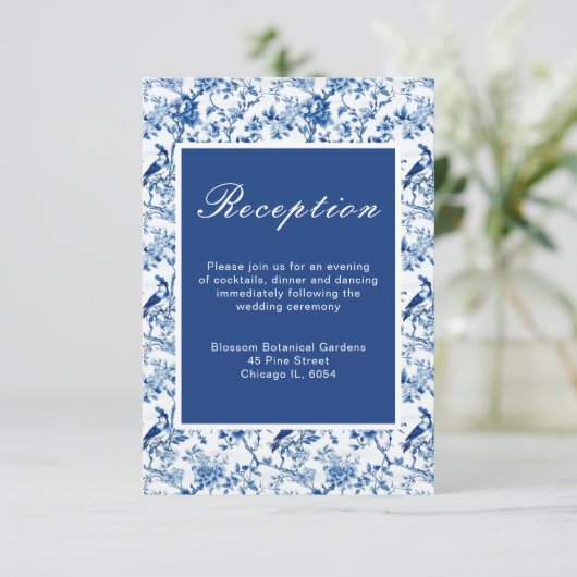 Chinoiserie Blauwe Vogels en Bloemen Huwelijk Informatiekaartje (Staand voorkant)