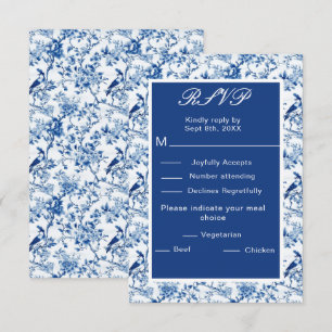 Chinoiserie Blauwe Vogels en Bloemen Huwelijk RSVP Kaartje