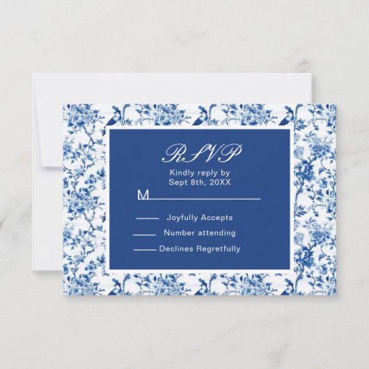 Chinoiserie Blauwe Vogels en Bloemen Huwelijk RSVP Kaartje (Voorkant)