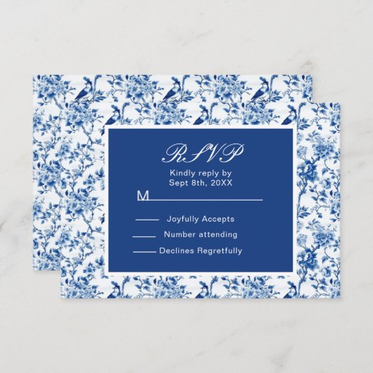 Chinoiserie Blauwe Vogels en Bloemen Huwelijk RSVP Kaartje (Voorkant / Achterkant)