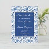 Chinoiserie Blauwe Vogels en Bloemen Huwelijk Save The Date (Staand voorkant)